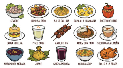 Photograph showcasing traditional Peruvian dishes arranged in a four‑by‑four grid on a clean white backdrop, highlighting culinary heritage from Peru with a detailed viewpoint