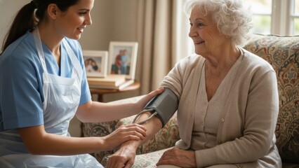 Fototapeta premium Caring Nurse Checks Senior Woman's Blood Pressure During Home Visit for Health Monitoring