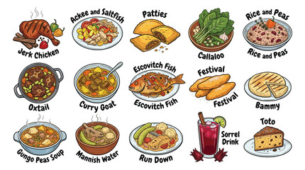 Vibrant Jamaican cuisine dishes celebrating cultural tradition, captured in a detailed illustration view of a colorful food grid showcasing sixteen iconic Caribbean meals