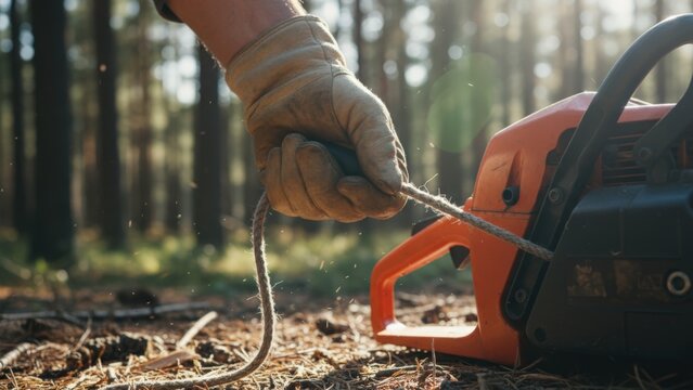 Close-up of lumberjack pulling string to start chainsaw in forest, focus on hand and equipment