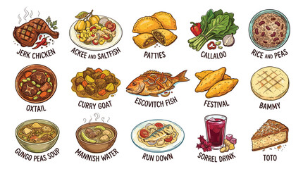 a vibrant illustration of traditional dishes arranged in four colorful rows, viewed from a playful perspective on a clean white backdrop