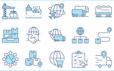 A set of flat icons related to International Trading. Business, import, export, trade, agreement, packages, cargo, and so on.