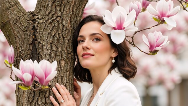 The tactile contrast of bark and magnolias in soft spring bokeh.