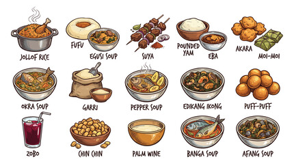 Vibrant cartoon illustration showcasing a colorful grid of sixteen cuisine dishes, presented in a bright studio setting from a top‑down viewpoint for promotional use