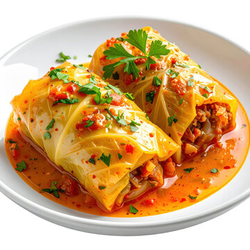 Hearty sarmi served with yogurt on the side, a classic Bulgarian combination isolated on a white background.