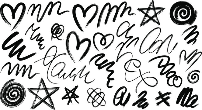 Black handwritten symbols and letters  heart star swirl