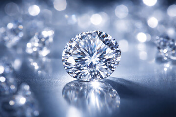 Brilliant round cut diamond gemstone on reflective surface with sparkling bokeh background. Luxury jewelry concept showcasing clarity, brilliance, and elegance, perfect for engagement rings.