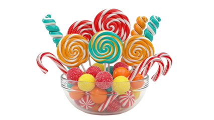 Assortment of Colorful Candies and Lollipops in a Glass Bowl