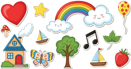 Colorful cartoon stickers of house tree boat strawberry butterfly rainbow