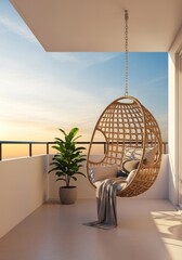 Naklejka premium Peaceful minimalist balcony design showcasing a wicker hanging egg chair perfect for relaxation during a beautiful, tranquil golden hour sunset, atmosphere, Balcony, egg chair