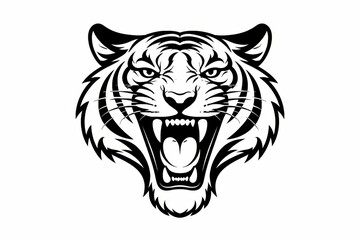 Bold monochrome illustration of a roaring tiger head with sharp fangs and dramatic stripes, ideal for tattoos, sports mascots, logos, and powerful branding designs.
