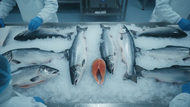 Fresh Salmon on Ice at Fish Processing Plant Ready for Packaging and Distribution