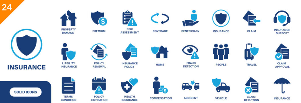 Insurance icon. Including property damage, compensation, health insurance, claim, fraud detection, policy expiration. Solid vector icons collection.