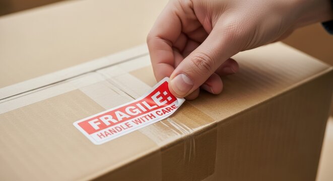 A close-up of a hand applying a Fragile or This Side Up sticker to a corrugated cardboard box.