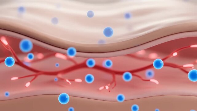 Detailed 3D animation illustrating the process of skin hydration and molecule absorption through dermal layers.