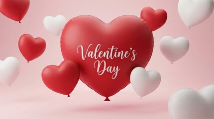 A beautiful arrangement of red and white heart-shaped balloons floating against a soft pink background, celebrating Valentine's Day.
