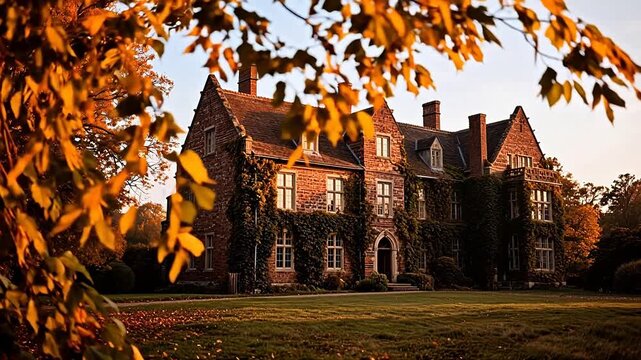 Large brick mansion with ivy in autumn