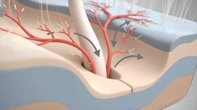 3D animation illustrating human skin layers, hair follicle, and capillary network for nutrient supply.