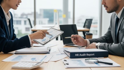 Fototapeta premium Business Professionals Analyzing HR Audit Report Data on a Tablet in a Modern Office