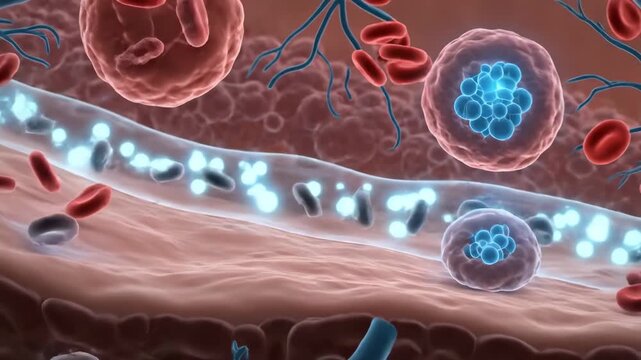 3D animation of red blood cells, immune cells, and pathogens flowing in a blood vessel. Visualizing cellular biology.