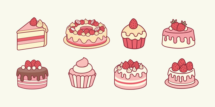 Cute Pink Strawberry Cakes and Cupcakes Doodle Set Vector Illustration