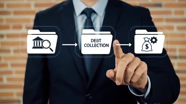 Debt collection business finance concept. Collector or bailiff using virtual touch screen push inscription DEBT COLLECTION