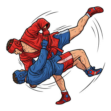 Two athletes engage in a dynamic combat during a Sambo match