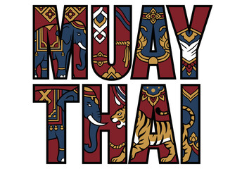 Muay Thai text with elephant and tiger illustrations