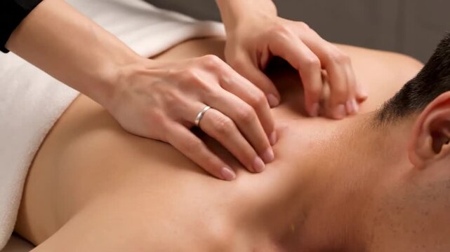 Therapist's hands massaging a man's shoulders and upper back