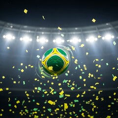Fototapeta premium Dynamic green and yellow soccer ball spins mid-air, surrounded by festive confetti, brightly lit by stadium lights, portraying a thrilling celebration.