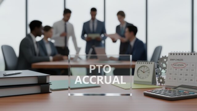 PTO Accrual Concept in Corporate Office Setting with Diverse Business Team, Calendar Reminder and Calculator