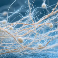 mold growing on mattress fabric fibers, fungal hyphae intertwined with textile threads