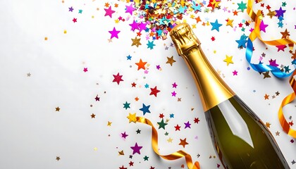 Champagne Bottle with Colorful Confetti and Streamers on White Background.