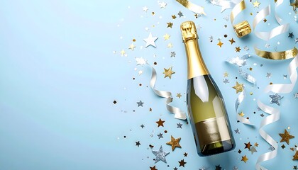 Champagne bottle with confetti and streamers on a blue background.