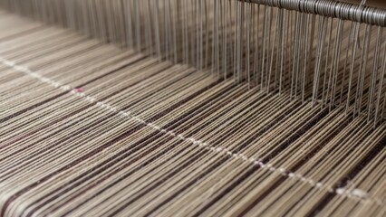 Close-up of a loom with threads arranged in a weaving pattern on a white background.