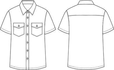 Women's Short Sleeve Button-Up Shirt Technical Fashion Flat Sketch Template with Classic Collar, Fitted Body, and Cuff Tab Detail Vector Illustration.