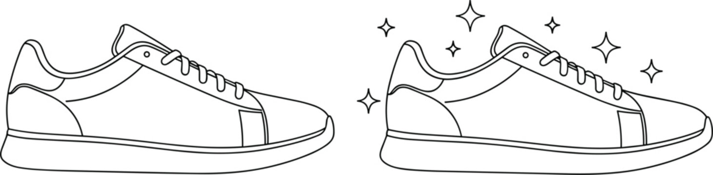 Clean and shiny sneaker shoes icons showing before and after cleaning footwear maintenance illustration design comparison concept set.