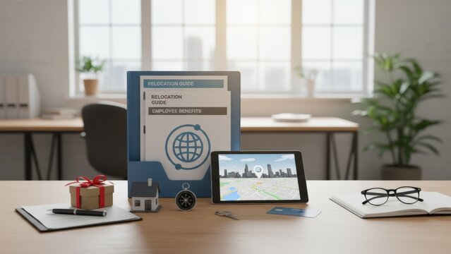 Real Estate Relocation Guide and Planning Tools on an Office Desk for Moving and Home Buying