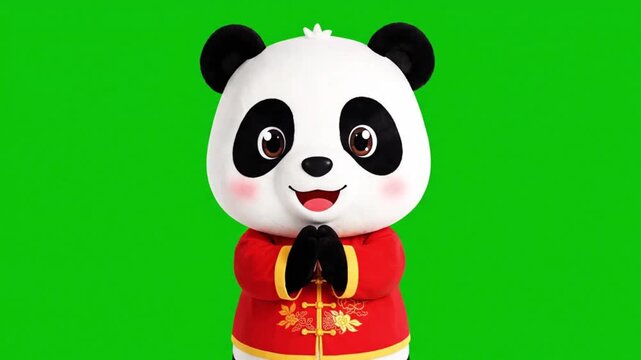 Cute panda mascot with hands together on a green background, symbolizing good fortune and tradition