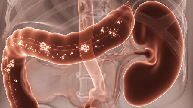 XRay Scan A medical video illustrating the human digestive system with a focus on the intestines and their internal structures.