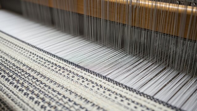 Close-up of a loom's warp threads and heddles in a weaving machine with a shallow depth of field.