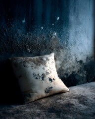 mold on pillow near damp wall, trapped moistureมMold grew on a pillow placed near a damp wall.