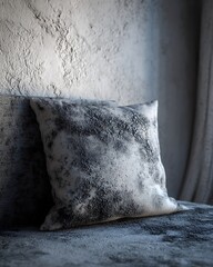 mold on pillow near damp wall, trapped moistureมMold grew on a pillow placed near a damp wall.