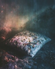 mold on pillow near damp wall, trapped moistureมMold grew on a pillow placed near a damp wall.