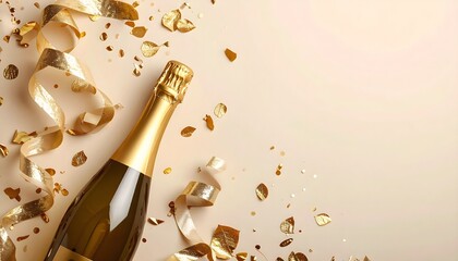 Champagne bottle with golden confetti and streamers for celebration 1.