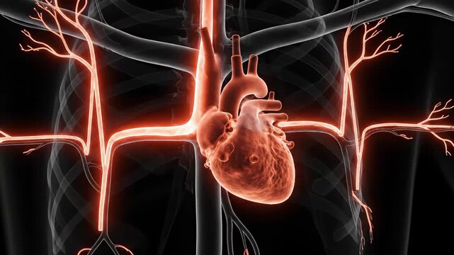 XRay Scan A video showcasing a detailed 3D animation of the human heart and its blood vessels in a medical context