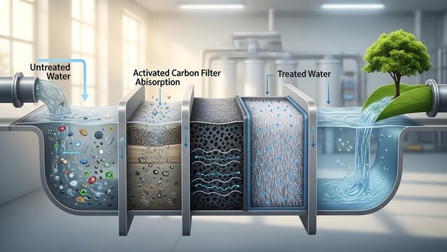 Water purification system with activated carbon filter absorption for clean treated water.