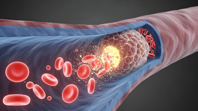 Blood clot formation in a vein with red blood cells and glowing particles.