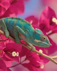 Naklejka premium Colorful chameleon resting on pink bougainvillea flowers
