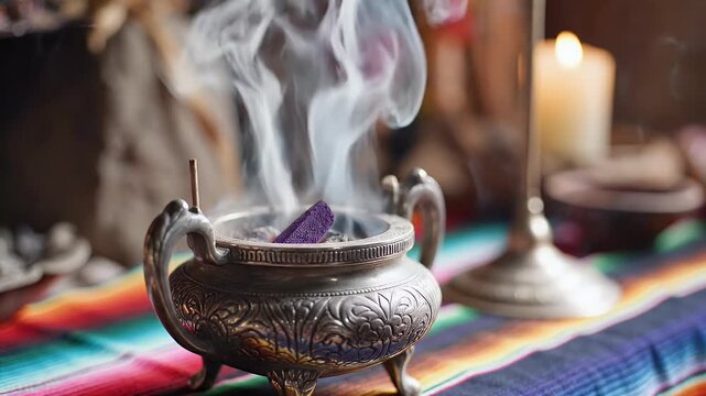 Guatemala Tradition Burning Copale Incense in Silver Burner with White Smoke